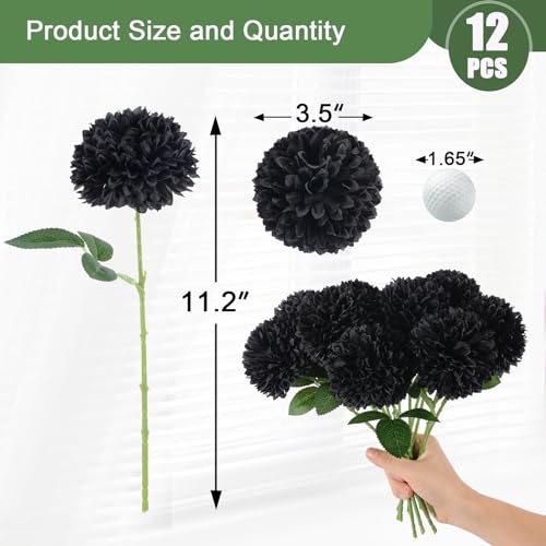 Hananona 12 Pcs Artificial Chrysanthemums Flowers Ball Flower, Fake Mums Flowers Black Silk Plants for Ghothic Home Decor Indoor Floral Arrangement Halloween Table Centerpiece (12, Black) - color: Black