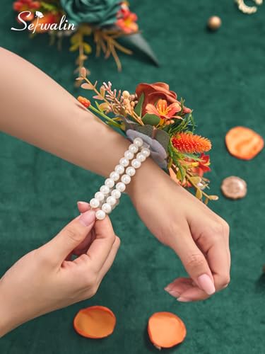 Serwalin 2 Pcs Wrist Corsage, 6-7 Inch Teal Orange Corsage for Wedding, Bridesmaid Mother Grandmother, Artificial Flowers for Prom Ceremony Anniversary - color: Teal Orange, size: Corsage-2pcs