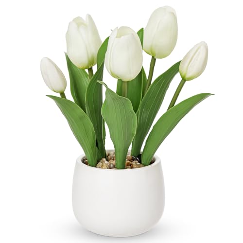 Hollyone White Tulips Artificial Flowers in Vase Fake Tulips Silk Flowers Arrangements Faux Tulip Bulbs with Ceramic Tulip Pot Potted Plants Floral Bouquet for Home Decor Table Centerpiece Decorations - color: Small - White