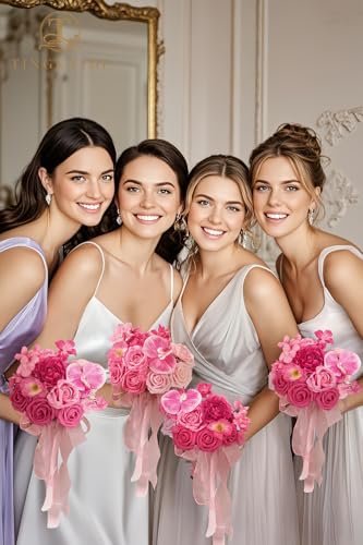 TINGE TIME 7inch Wedding Bouquets for Bridesmaid, Artificial Flowers Cascading Bridal Bouquet for Wedding (Hot Pink, Set of 4) - color: Hot Pink