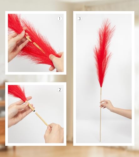 9 Pcs 45" Tall Pampas Grass Red Decor, Long Stem Artificial Flower Floor Vase Large Faux Floral Pompas Fake Plants Dried Bouquet Arrangement Vase Filler for Boho Home Wedding Decoration - color: 9 Pcs 45" Red Style