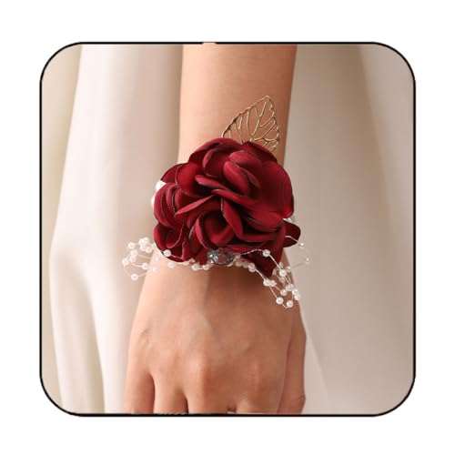 Wedding Bride Rose Wrist Corsage Red Bridesmaids Silk Wrist Flower Flowergirl Hand Floral Decor Bridal Prom Party Accessories for Women and Girls (A- Red) - color: A- Red