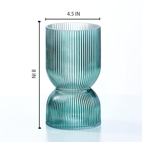 7.5 inch Vase for Flowers, Teal Ribbed Thickened Glass Vases, Hourglass Bud Flower Vase for Bookshelf, Dinner Table, Indoor Office Desktop, Meeting Room, Bathroom, Home Decor, Christmas Decoration - color: Teal, size: 7.5 inch