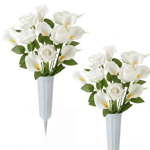 Thiccywoov 2 Sets Calla Lilies Cemetery Flowers with Vase for Grave Artificial White Calla Lilies Velvet Roses Graveyard Memorial Flowers for Cemetery Headstones Decoration - color: White, size: Calla Lily
