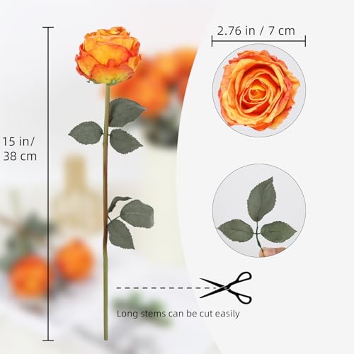 IPOPU 10PCS Orange Roses Artificial Flowers Vintage Silk Fake Flower Bouquet Faux Roses with Long Stems for Wedding Bouquet Table Centerpiece Home Party Decor(Orange) - color: Orange