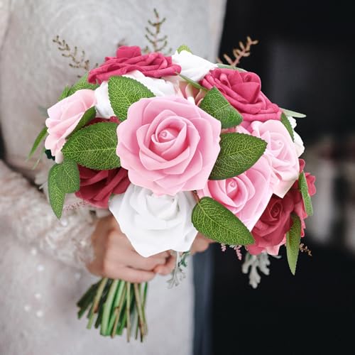 100 Pcs Artificial Foam Rose Flower Faux Bouquet Wedding Fake Rose Gift for Mother's Day Women DIY Bridal Shower Party Table Birthday Home Spring Decor (Gradient Pink) - color: Gradient Pink