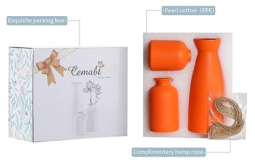 CEMABT Ceramic Orange Vases Set of 3 Small Flower Vases for Decor, Modern Rustic Farmhouse Home Decor, Decorative Vases for Pampas Grass,Idea Shelf,Table,Bookshelf,Entryway- Distressed Decor - color: 3set-orange