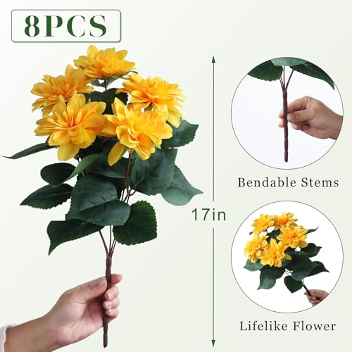 VIERENA 8 Bundles Artificial Dahlia Flowers for Outdoors Spring Summer Decor, No Fade Silk Flower Faux Dahlias Plant Arrangement for Home Garden Balcony Farmhouse（Yellow） - color: Yellow