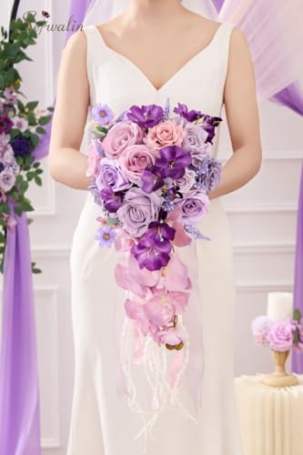 Serwalin 11 Inch Wedding Bouquets for Bride Bridesmaid, Purple Bridal Bouquets for Bride, Artificial Bouquets of Flowers for Wedding Ceremony Bridal Shower and Anniversary Day Decor - color: Royal Violet