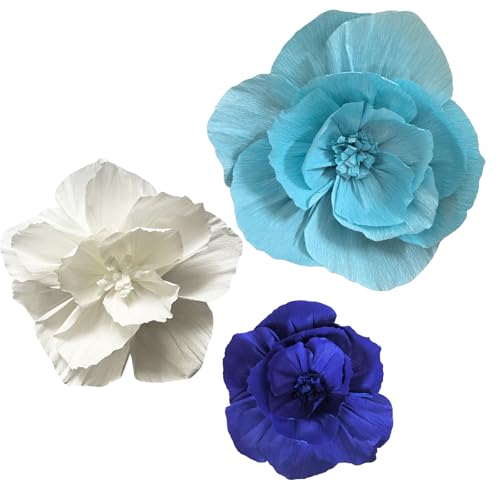 BRT Bearingshui Crepe Paper Flowers Decoration for Wall Total 9 Pcs, Artificial Flowers Backdrop for Wedding Decor Baby Bridal Shower Birthday Party, Navy Light Blue White 3D Wall Flowers Decor - color: Blue White