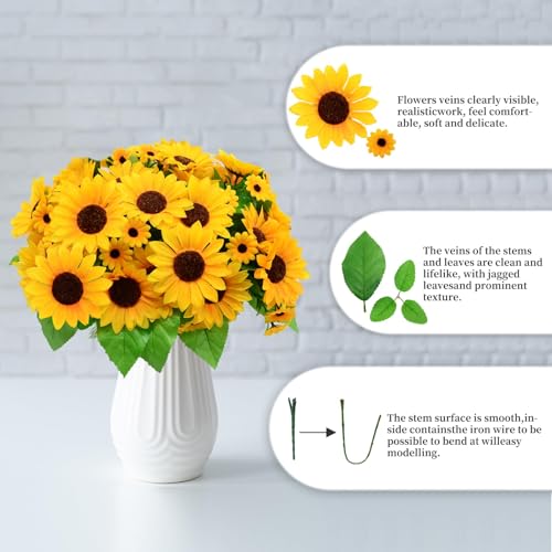 6 Pack Artificial Sunflowers Bouquet, Outdoor Artificial Flower with Stems, 60 Silk Sunflowers Heads, Fake Artificial Flowers for Outdoor Indoor Decoration, Wedding Table Home Porch Cemetery Decor