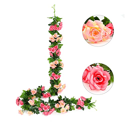 JUSTOYOU Artificial Rose Garland Vines Pink Flowers Hanging Silk Rose Vine for Wedding Home Office Arch Arrangement Decoration 7.6FT(2PCS) - color: Pink-a