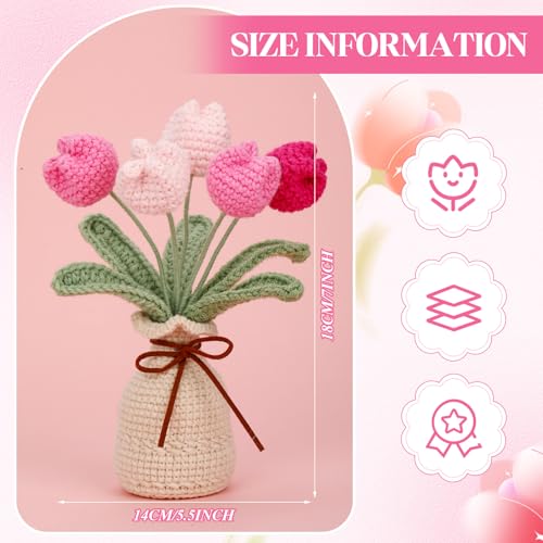 Marsui Crochet Knitting Tulip Bouquet with Vase 7" Knitted Artificial Forever Tulip Handmade Woven Flower with Exquisite Pot Gift for Father's Gifts Back to School Gift Family Home Desk Decor(Pink) - color: Pink, style: Tulip