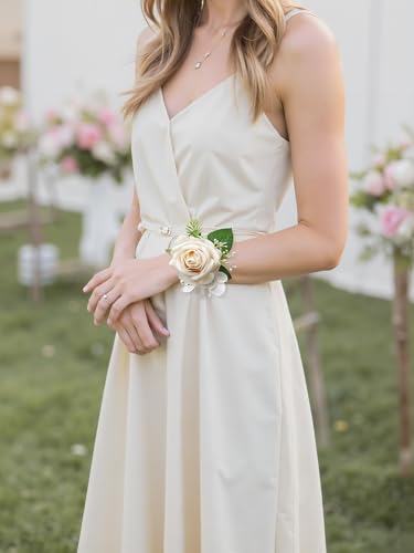 Champagne Rose Corsage and Boutonniere Set Wristlet Corsage for Bride Bridesmaids, Boutonniere for Groom Groomsmen Prom Wedding Flowers Accessories,Homecoming, Anniversary, Graduation (Champagne) - color: Champagne