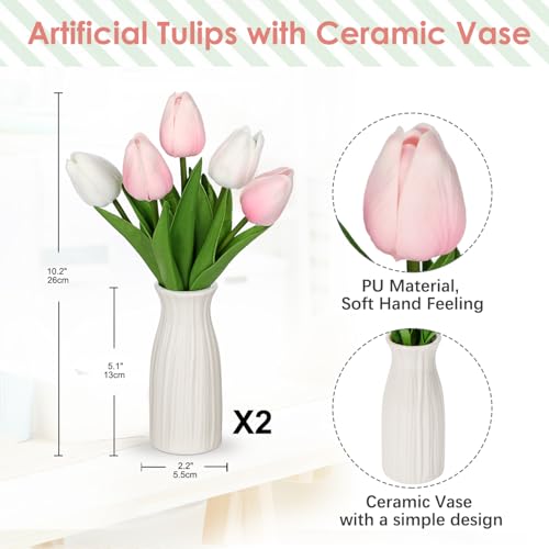 Briful 2 Packs Faux Flowers Artificial Tulips with Ceramic Vase, Poly Foam Pink-White Real Touch Flower Arrangement for Home Kitchen Wedding Centerpiece Decoration - color: Pink White