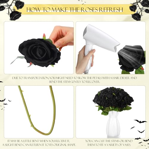 Hotop 80 Pcs Rose Artificial Flowers Bulk with Long Stem, Silk Roses Realistic Fake Flowers Bouquet for Wedding Table Centerpieces Bridal Shower Party Home Decorations(Black) - color: Black