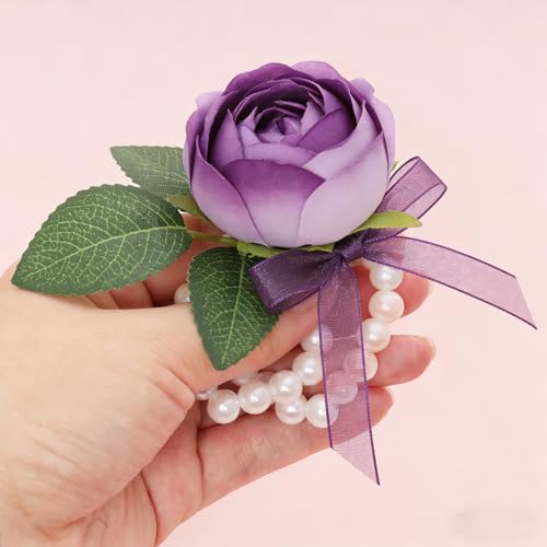 Fumwase 16 Pieces Elastic Stretch Pearl Corsage Wristlet Bracelet Adjustable Wrist Corsages Bands for Flowers Wedding Bridal Shower Graduation Party
