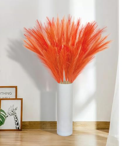 9 Pcs 45" Tall Pampas Grass Orange Decor, Long Stem Artificial Flower Floor Vase Large Faux Floral Pompas Fake Plants Dried Bouquet Arrangement Vase Filler for Boho Home Wedding Decoration - color: 9 Pcs 45" Orange Style