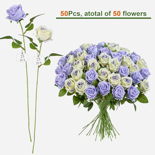 Artificial Flowers Roses Touch Fake Rose Bouquet Flower Stem for Wedding Centerpieces DIY Wreath Home Decorations Silk Roses Mothers Party Fake Outdoor Flowers Decor 19.6"(Mix50PCS) - color: Lightpurple & Puheart 50pcs