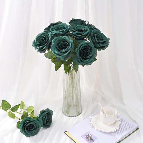 Waipfaru 16 Pcs St Patricks Day Roses, Long Stem Fake Roses Artificial Flowers, Silk Flowers for Valentines, Roses Bouquet Peacock Green Home Decor - color: Emerald Green, size: 16 Pcs