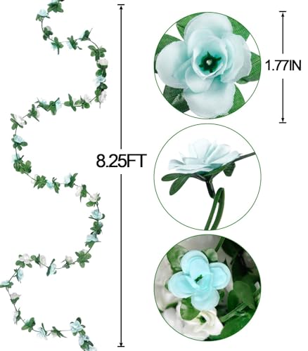 Miracliy 8Pcs 66FT Blue Flower Garland, Artificial Rose Floral Vines Fake Hanging Spring Flower Garland for Wall Backdrop Wedding Arch Tea Party Door Mantle Decoration (Each Pcs 8.2FT) - color: White&blue-8pcs