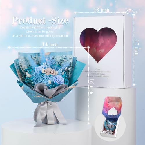 Large Preserved Roses Bouquet - Eternal Flowers for Delivery Prime,1-3 Years Long Lasting Real Roses Gift for Women,Mom Wife - Elegant Home Decor for Mother's Day,Anniversary,Valentine's Day(Bule) - color: Blue