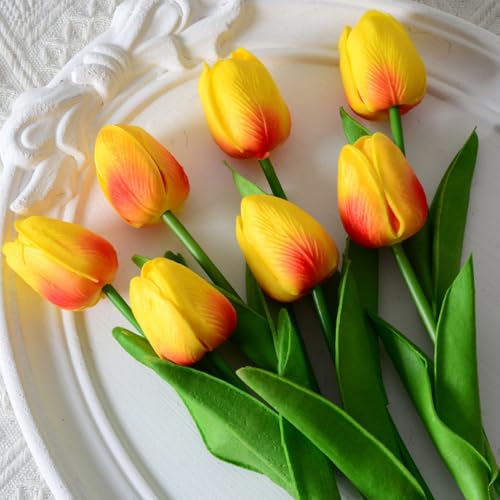 Artificial Tulips 10Pcs Real Touch Fake Tulips PU Flower Arrangement Bouquets for Home Party Decoration (Orange) - color: Orange