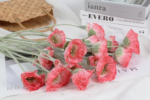 6PCS Red Poppy Flowers Artificial 30 Heads Faux Poppy Flowers 26.77in Silk Flowers with Long Flocking Stems for Wedding Party Home Office Decoration(Red) - color: Red