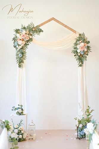 Muhanjia Artificial Wedding Arch Flowers Kit(Pack of 4),2Pcs Artificial Flower Arch Decor, 2Pcs Chiffon Fabric Drapes, Ceremony Decoration, Floral Outdoor Party Decor (Champagne & Blue) - color: Champagne & Blue
