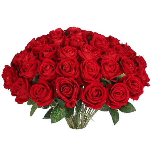 30 PCS Fake Red Roses, Artificial Flowers Bulk Realistic Silk Faux Red Rose with Stems for Wedding Decoration Anniversary Bridal Bouquet DIY Floral Arrangement Romantic Home Decor - color: Red, size: 30 Pcs