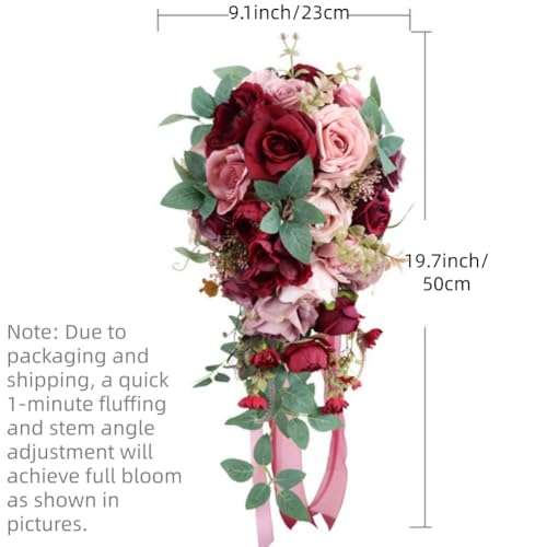 9.1 Inch Cascading Bridal Bouquet Waterfall Cascade Bridal Wedding Bouquet for Bride with Artificial Rose Flower Ribbon Rustic Burgundy Mauve and Pink - color: Burgundy, Mauve & Pink