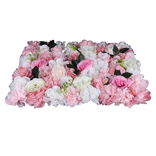 12 Pcs Artificial Flower Wall Panels 60x40cm 3D Flower Background for Wall, Wedding Flower Decorations Wall Silk Rose Panels for Candy Wall, Photo Areas, Stage Background Wall(Dahlia + Rose + Leaf) - color: Pink and White
