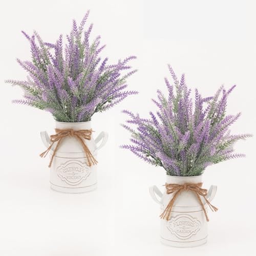 FJAKA 2Pcs Artificial Lavender Flowers in Pots with Vase, Fake Faux Lavender Flowers Decor, for Farmhouse Table Centerpiece Windowsill Country Indoor Mantle Decor