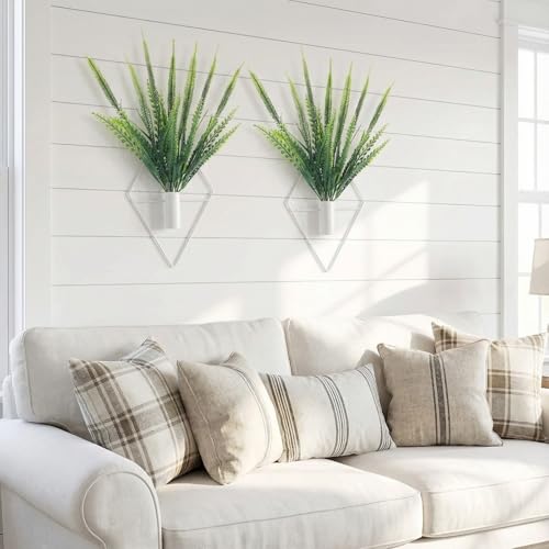 Canlierr 2 Pieces Wall Decor Hanging Planters with Artificial Plants Metal Hanging Vase Indoor Plants Holder Modern Boho Wall Art for Bathroom Bedroom Living Room Decor(White,Boston Fern) - color: White, size: Boston Fern
