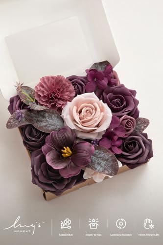 Ling's moment Fake Flowers Box, Faux Artificial Greenery Stems Foam Roses Gardenias Silk Hydrangea Ranunculus Fabic Flower for Centerpieces Bouquet Wedding Vase, Plum & Plum Lily, Deluxe Combo - color: Plum & Plum Lily
