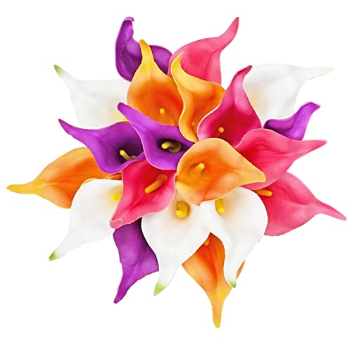 ONLY ART Artificial Colorful Calla Lily 20pcs – 13.5" PU Faux Flowers with Flexible Stems, Soft Texture, for New Year and Valentine's Day Home, Wedding & DIY Decor - color: Colorful