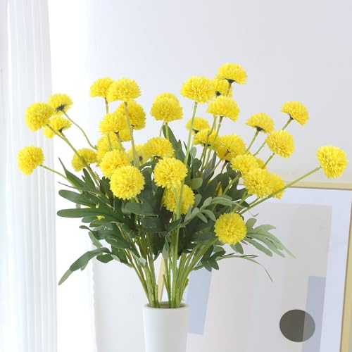 LVEFIT 10 Pcs Yellow Kiku Flower Fake Mums Long Stem Flowers,Faux Kiku Flower Bulk,Silk Flowers Mini Chrysanthemum Floral Arrangements,Artificial Flowers Chrysanth Mini Fake Flower - color: Yellow