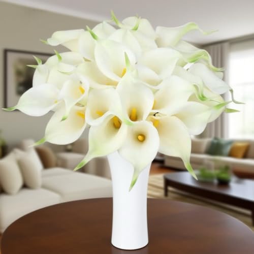 Artificial flowers-6PCS Realistic Calla Lily Artificial Flowers - 13.5" Latex Real Touch Faux Lilies for Wedding Bouquets, UV Resistant Outdoor Decor & Home Centerpieces (White) - color: White