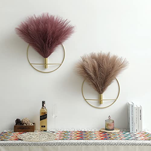 Pretty Jolly Boho Wall Decor, Large Wall-Mounted Metal Wall Decor, Hanging Artificial Pampas Display, Wall Art Living Room, Bedroom, Bathroom, Dining room, 2 Pack Gold Coffee - color: 01-pampas-coffee - Black Ring, size: L 11.8inch (Gold Ring)