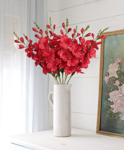 IPOPU Red Gladiolus Artificial Flowers 30.3 in Long Stem Flowers 10 PCS Gladiolus Flowers Silk Artificial Flowers for Home Wedding Office Decoration(Red) - color: Red