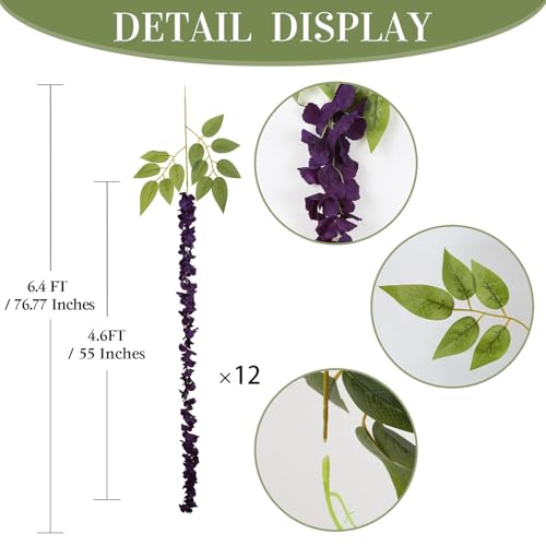 12PCS Dark Purple Wisteria Hanging Flowers 6.4FT Artificial Hanging Wisteria Flowers for Decoration for Wedding Arch, Backdrop, Garden Party Decor (Dark Purple) - color: Dark Purple