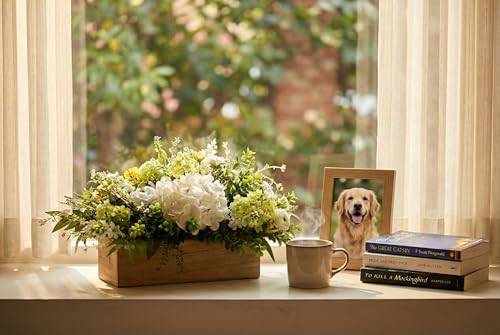 Spring Summer Centerpiece for Table, 18" L Lifelike Artificial Flowers in Rustic Whitewashed Rectangular Wood Box, Lush Spring Faux Floral Arrangement Farmhouse Mantel Shelf Kitchen Island Decor