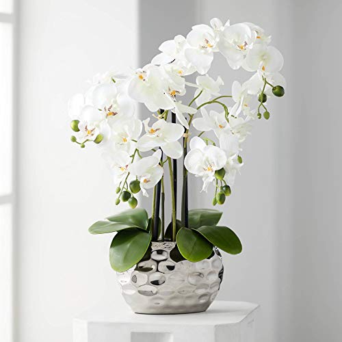 Dahlia Studios Potted Faux Artificial Flowers Arrangements Realistic White Phalaenopsis Orchid in Silver Pot Home Decoration Living Room Office Bedroom Bathroom Kitchen Dining Room 23" High