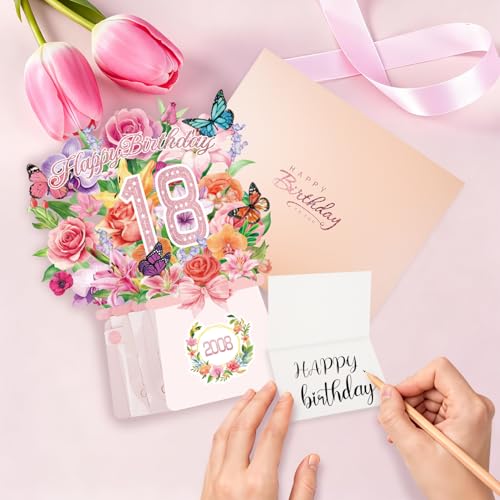 18th Birthday Cards, Light and Music 18 Years Old Happy Birthday Card, Rose Lily Orchid and Butterflies, 10 Inch Forever Flower Bouquet 3D Pop Up 2008 Birthday Gift Card for Women Wife girls Daughter Sister - size: 2008-18th