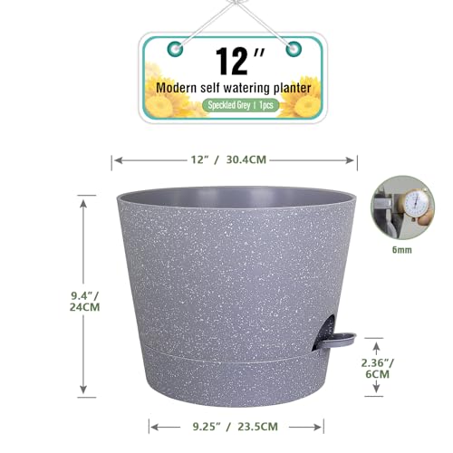Meowell 12 inch Large Self Watering Pots for Indoor Outdoor Plants, Plant Pots with Mesh Drainage Holes for Garden House Plants, Plastic Planters with Reservoir for Flower, Speckled Grey - color: Speckled Grey, size: 12inch A