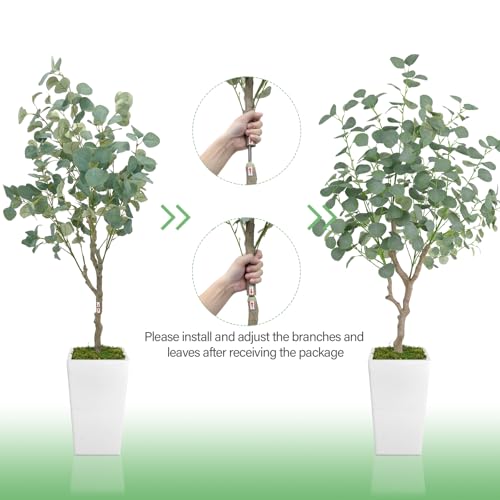 Artificial Eucalyptus Tree 5FT, Faux Eucalyptus Tree with Tall White Planter, Realistic Leaves & Natural Wood Trunk, Ideal for Home Decor and Housewarming Gift - size: 5ft