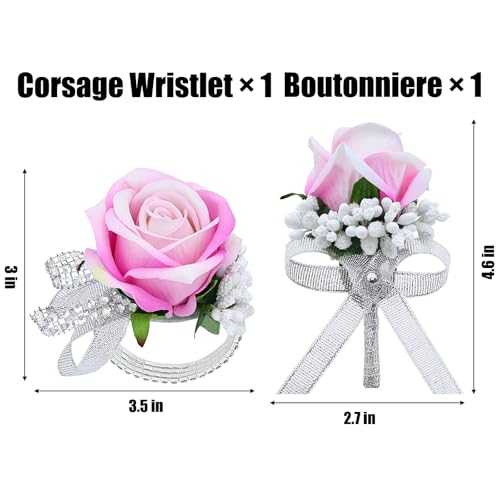 2Pcs Pink Rose Corsage and Men Boutonniere Set Women Wristlet Band Wrist Bracelets, for Prom Wedding Ceremony Flowers Decorations and Homecoming Party Accessories - color: Pink, size: 1 Boutonniere & 1 Wrist Corsage