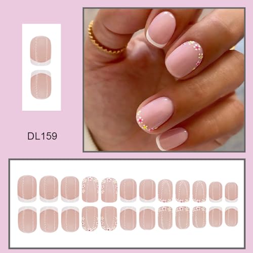 Flower Press on Nails Short Square Fake Nails Nude Pink False Nails with Flowers Border Designs Glossy Stick on Nails Glue on Nails Flower Nails Acrylic Nails for Women Girls 24 Pcs - color: Flower Square19