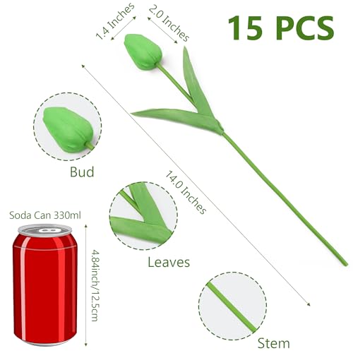 SITUMEIZI 15pcs Green Tulips Fake Artificial Flowers Real Touch 14" PU Flower for St Patricks Day Home Decor Easter Spring Wedding Bouquet Decorations Mother's Gift Day Floral Arrangements - color: Green#