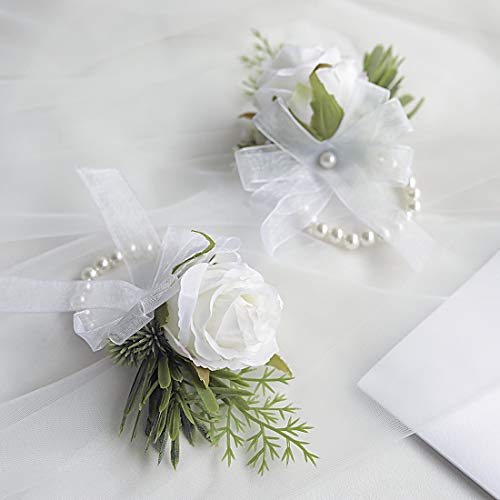 Floroom Ivory Rose Wrist Corsage Wristlet Band Bracelet for Women Bride Bridesmaid White Wedding Prom Set of 2 - color: 2 Wrist Corsages